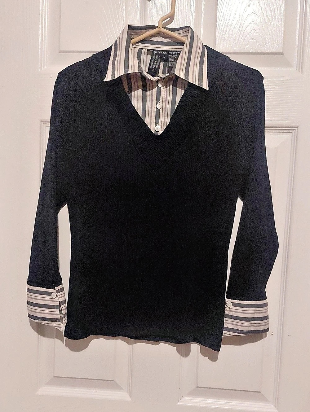 Michelle Nicole Striped Collar Blouse in Black & White Size Large